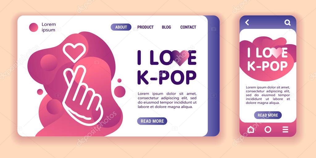 I love K-pop web banner and mobile app kit. Cross platform. Flat vector illustration isolated line icon hand holding hearth and lettering pink