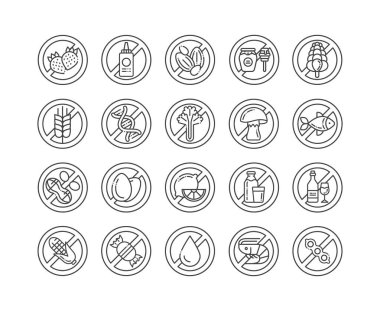 Alerjen besin serbest çizgi siyah simgeler ayarlandı. Alerjik maddeler. Yiyecek dayanıksızlığı. Web sayfası, mobil uygulama, düğme, logo işaretleri.