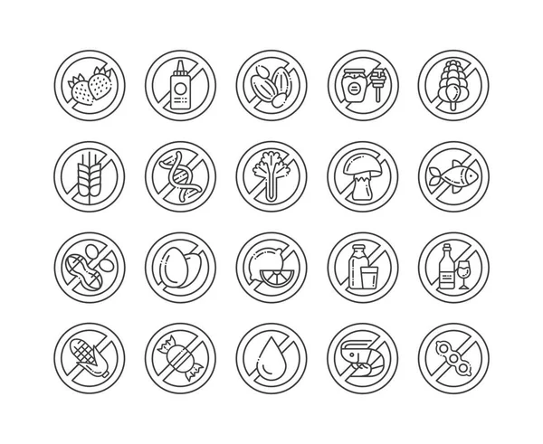 Set de iconos negros de línea libre de alimentos alérgenos. Ingredientes alérgicos. Intolerancia alimentaria. Signos para página web, aplicación móvil, botón, logotipo . — Vector de stock