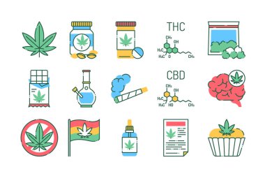 Marihuana ürünleri renk çizgisi simgeleri. CBC, Thc narkotik madde. İlaç ürünleri işaretine alternatif.