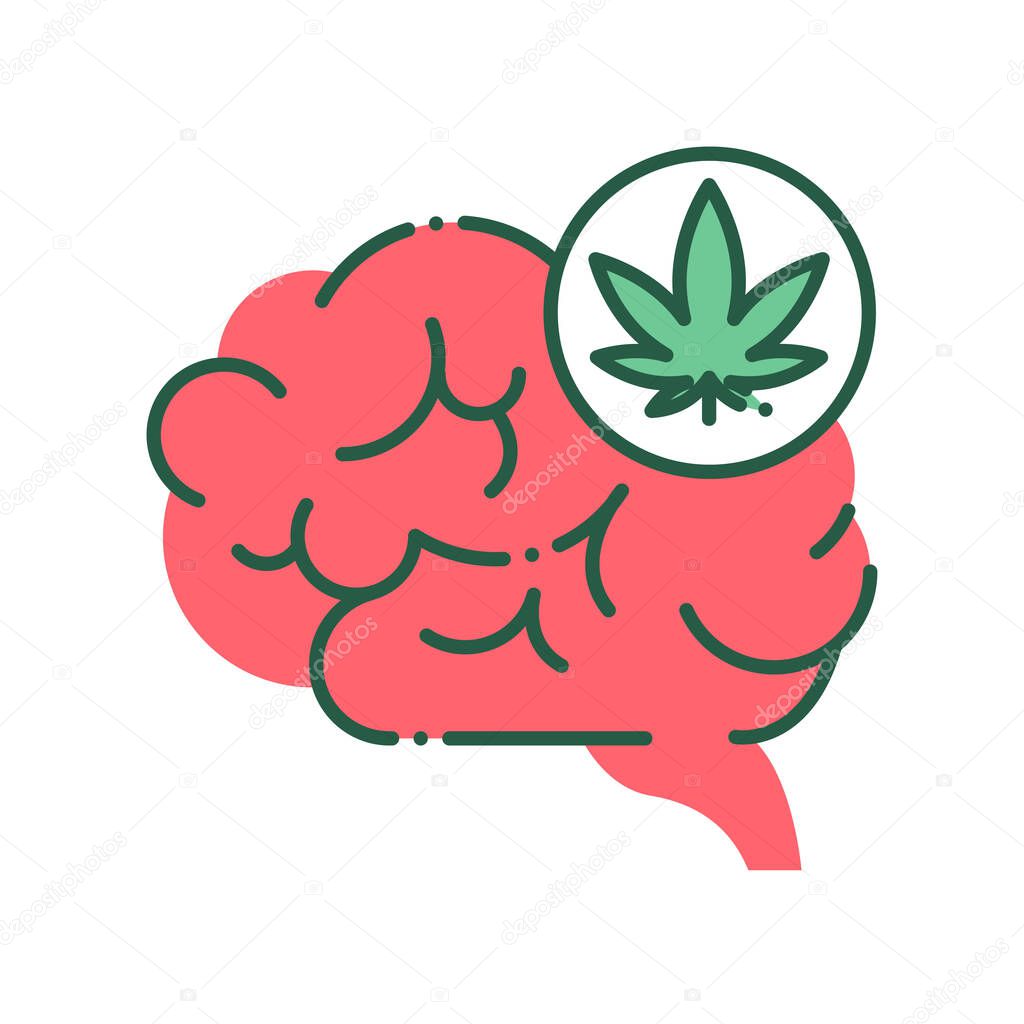Drugs abuse and addiction color line icon. Human organ brains and leaf marijuana. bad habits. Pictogram for web page, mobile app, promo.