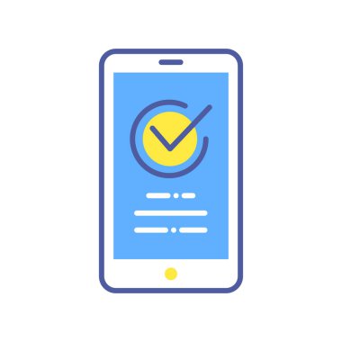 Akıllı telefon ve işaret renk çizgisi simgesi. Onaylanmış kene bildirimi, başarılı güncelleme işareti fikri, kabul edilmiş kavram. Web sayfası, mobil uygulama için imzala.