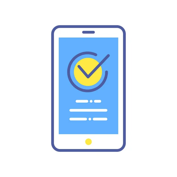 Smartphone et cochez l'icône de la ligne de couleur. Notification de tique approuvée, idée de mise à jour réussie coche, concept accepté. Signe pour la page Web, application mobile . — Image vectorielle