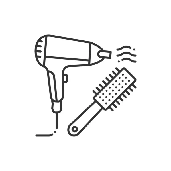 Siyah saç çizgisi simgesini kurutmak için. Saç şekillendirme malzemeleri, kurutma makinesi ve saç fırçası. Kuaför servisi. Güzellik endüstrisi. Web sayfası ve tanıtım için resim grafiği. — Stok Vektör