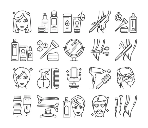 Friseur Service Line Symbole gesetzt. professionelles Haarstyling. Schönheitsindustrie. Piktogramme für Webseite, mobile App, Promo. — Stockvektor