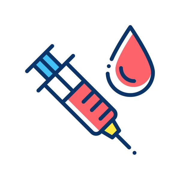 Seringue pour vaccin injectable avec icône rouge de la ligne de couleur du sang. Concept d'examen médical. Pictogramme pour web, application mobile, promo . — Image vectorielle