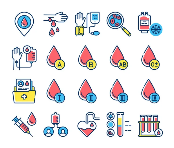 Blood transfusion color line icons set. Donation concept. Medical examination. Pictogram for web, mobile app, promo. — Stock vektor