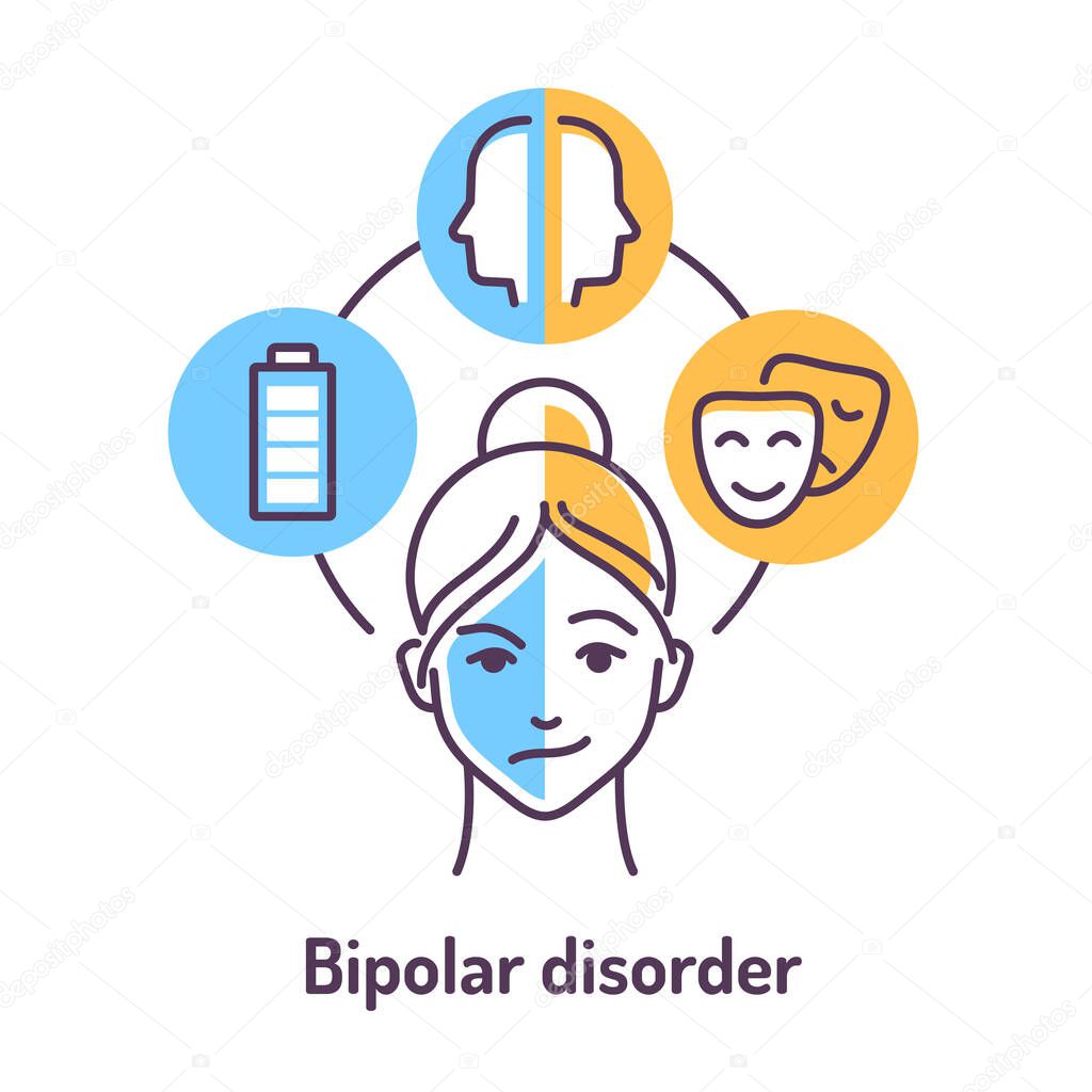 Bipolar disorder color line icon on blue and yellow background. Insane person.