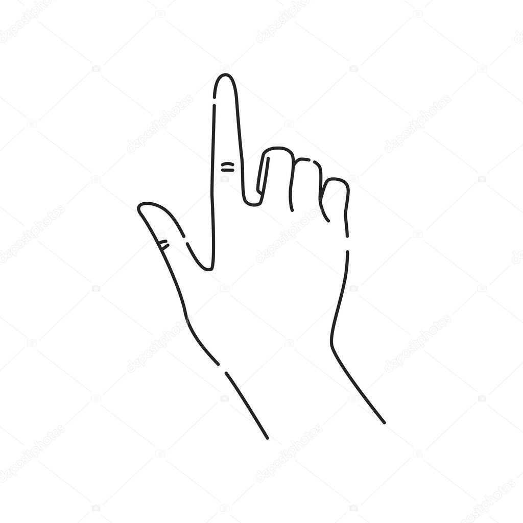 Hand gesture touch line black icon. Make the index finger up gesture sketch element. Pictogram for web page, mobile app, promo. Editable stroke. Hand drawn illustration.