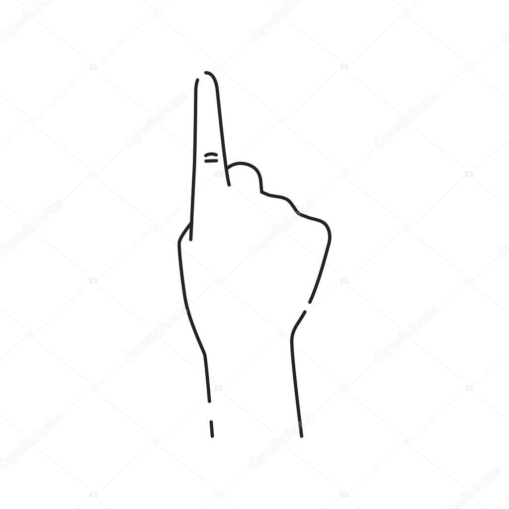Hand showing one count black line icon. Pointing hand. Make the index finger up gesture. Pictogram for web page, mobile app, promo. UI UX GUI design element. Editable stroke.