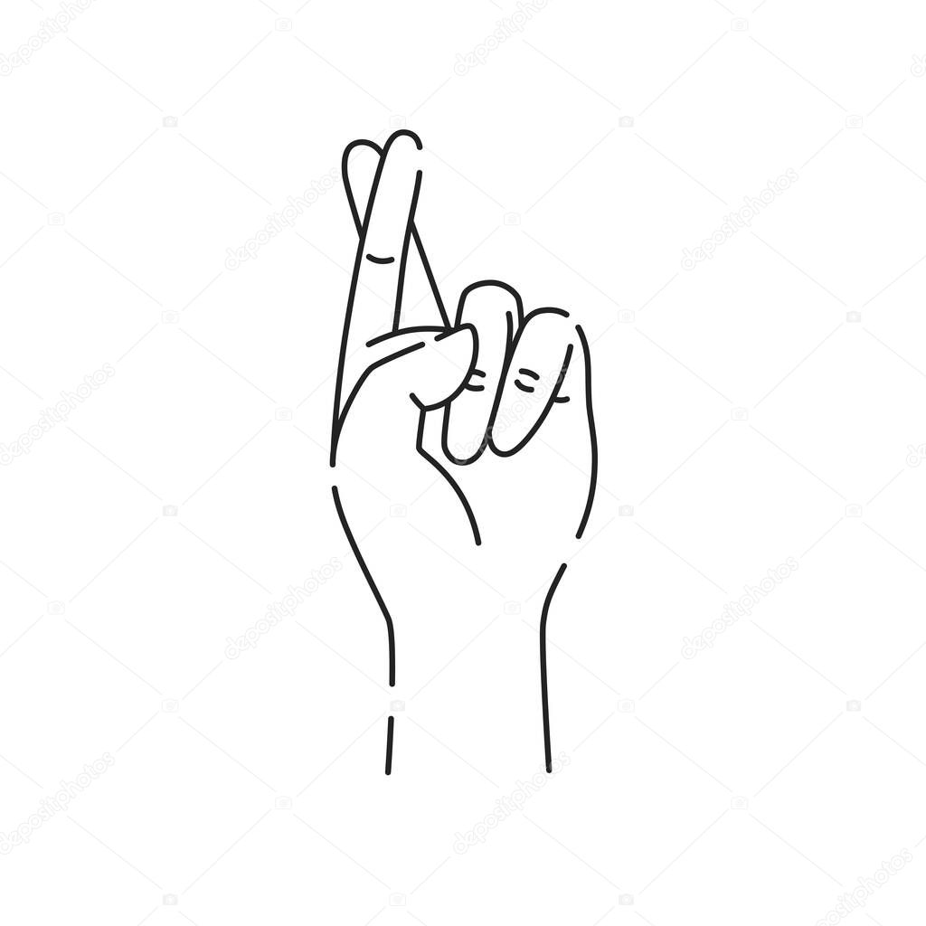 Hand showing symbol good luck black line icon. Fingers crossed. Superstition, luck, white lie gesture. Pictogram for web page, mobile app, promo. UI UX GUI design element. Editable stroke.