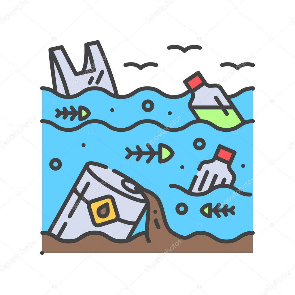 Water pollution color line icon. Environmental problems. Sign for web page, app. UI UX GUI design element. Editable stroke.