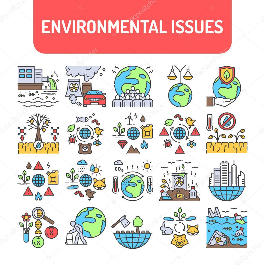 Environmental issues color line icons set. Signs for web page, app. UI UX GUI design element. Editable stroke.