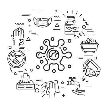 Hijyen web pankartı. Beyaz arkaplanda doğrusal simgeleri olan bilgi grafikleri. Yaratıcı fikir konsepti. İzole edilmiş siyah çizim.