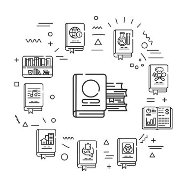 Kitap türleri web pankartı. Beyaz arkaplanda doğrusal simgeleri olan bilgi grafikleri. Yaratıcı fikir konsepti. İzole edilmiş siyah çizim