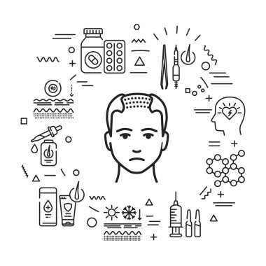 Beyaz arka planda doğrusal simgelerle saç dökülmesi ve alopecia Infographics tedavisi. Yaratıcı fikir konsepti. İzole edilmiş siyah çizim.