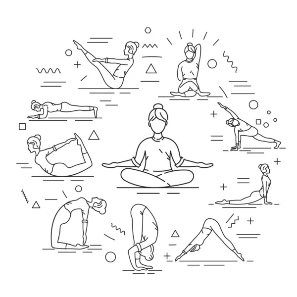 Banner Web Yoga Distintas Posturas Yoga Asanas Infografías Con Iconos — Vector de stock