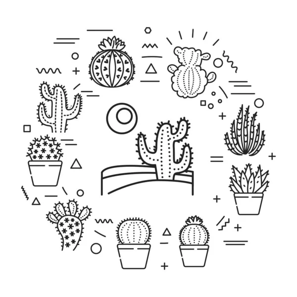 Cacti Circle Web Banner 배경에 아이콘 그래픽 창의적 아이디어입니다 — 스톡 벡터