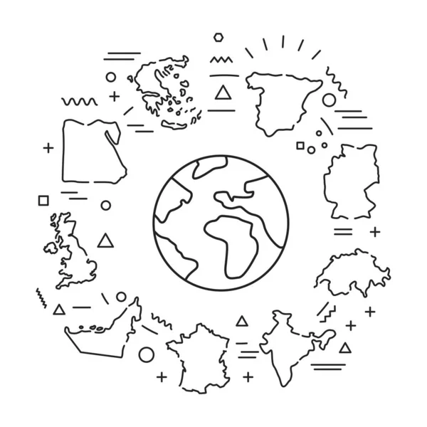 Internetový Prapor Zemí Různé Země Světa Všech Kontinentů Infographics Lineárními — Stockový vektor