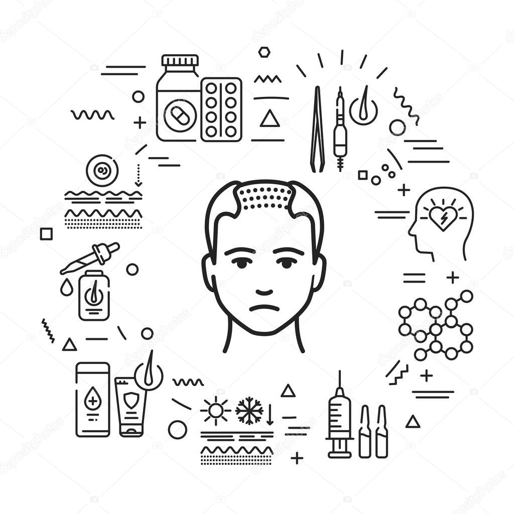 Cause of hair fall and treatment for alopecia Infographics with linear icons on white background. Creative idea concept. Isolated outline black illustration.
