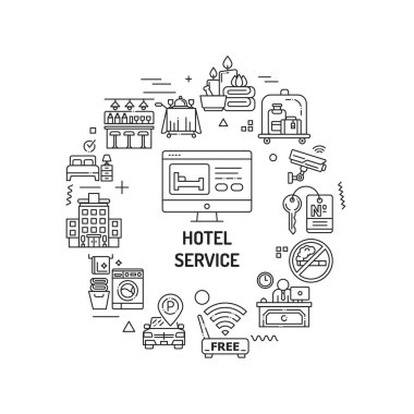 Otel servisi web pankartı. Misafirler için konfor. Otel tatil köyü. Rezervasyon dairesi. Beyaz arkaplanda doğrusal simgeleri olan bilgi grafikleri. Yaratıcı fikir kavramı izole edilmiş siyah çizim.