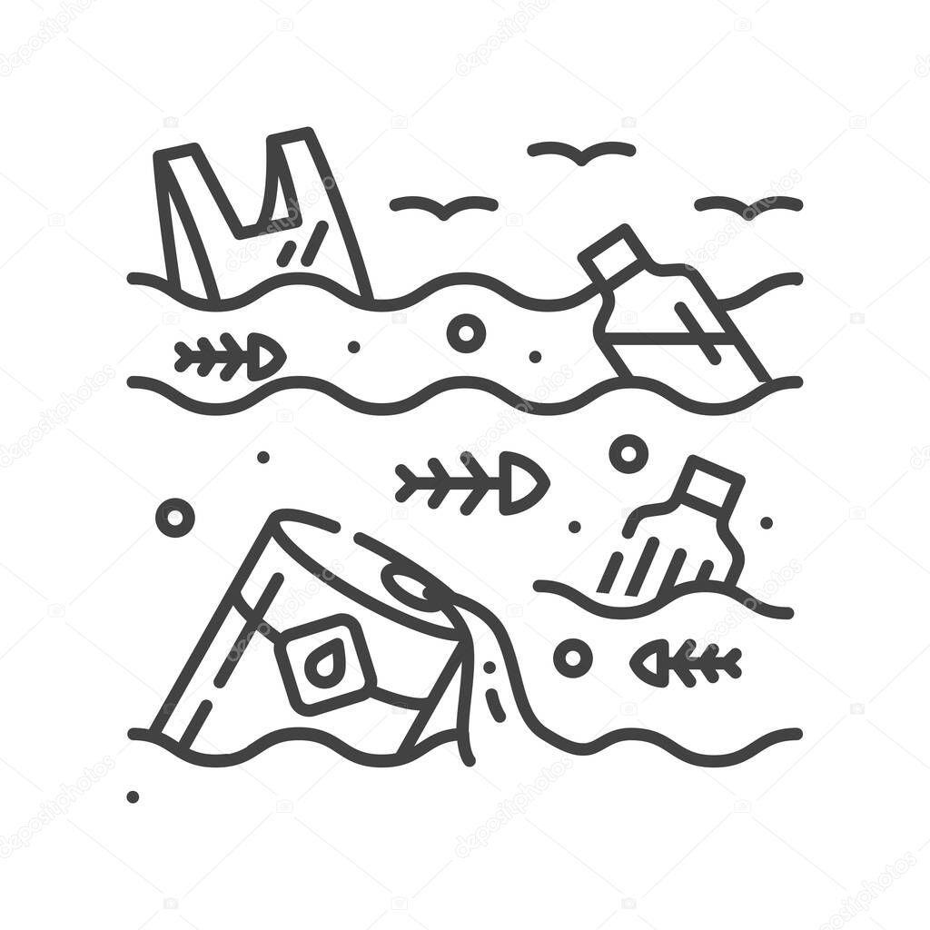 Water pollution black line icon. Environmental problems. Sign for web page, app. UI UX GUI design element. Editable stroke