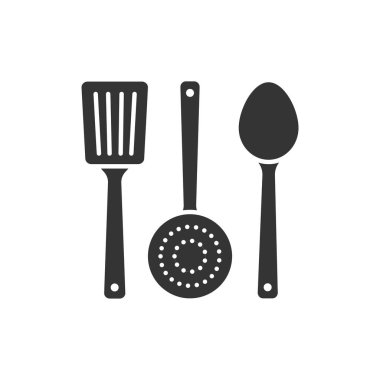 Yeniden kullanılabilir ahşap mutfak aletleri simgesi. Geri dönüşüm elementleri: skapula, kaşık, süzgeç. Sıfır israf yaşam tarzı. Çevre dostu. Organik, doğal mutfak malzemesi. UI UX Arayüz tasarım ögesi.