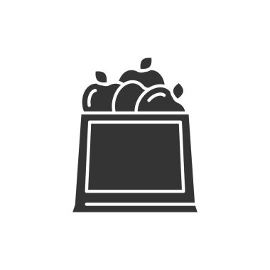 Eko ürün paketi elmalar siyah simge. Kağıt torbaları geri dönüştür. Sıfır israf yaşam tarzı. Çevre dostu. Market için organik, doğal malzeme. UI UX Arayüz tasarım ögesi