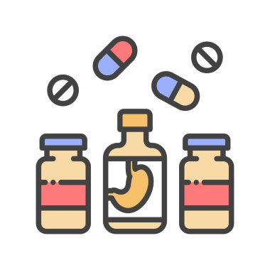 İlaç ürünleri renk çizgisi simgesi. Sindirim sistemi hastalıkları. Web sayfası, mobil uygulama, düğme, logo için imza. Düzenlenebilir vuruş.