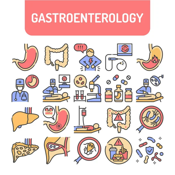 Gastroenterology Color Line Icons Set Abdominal Medical Examination Pictograms Web — Stock Vector