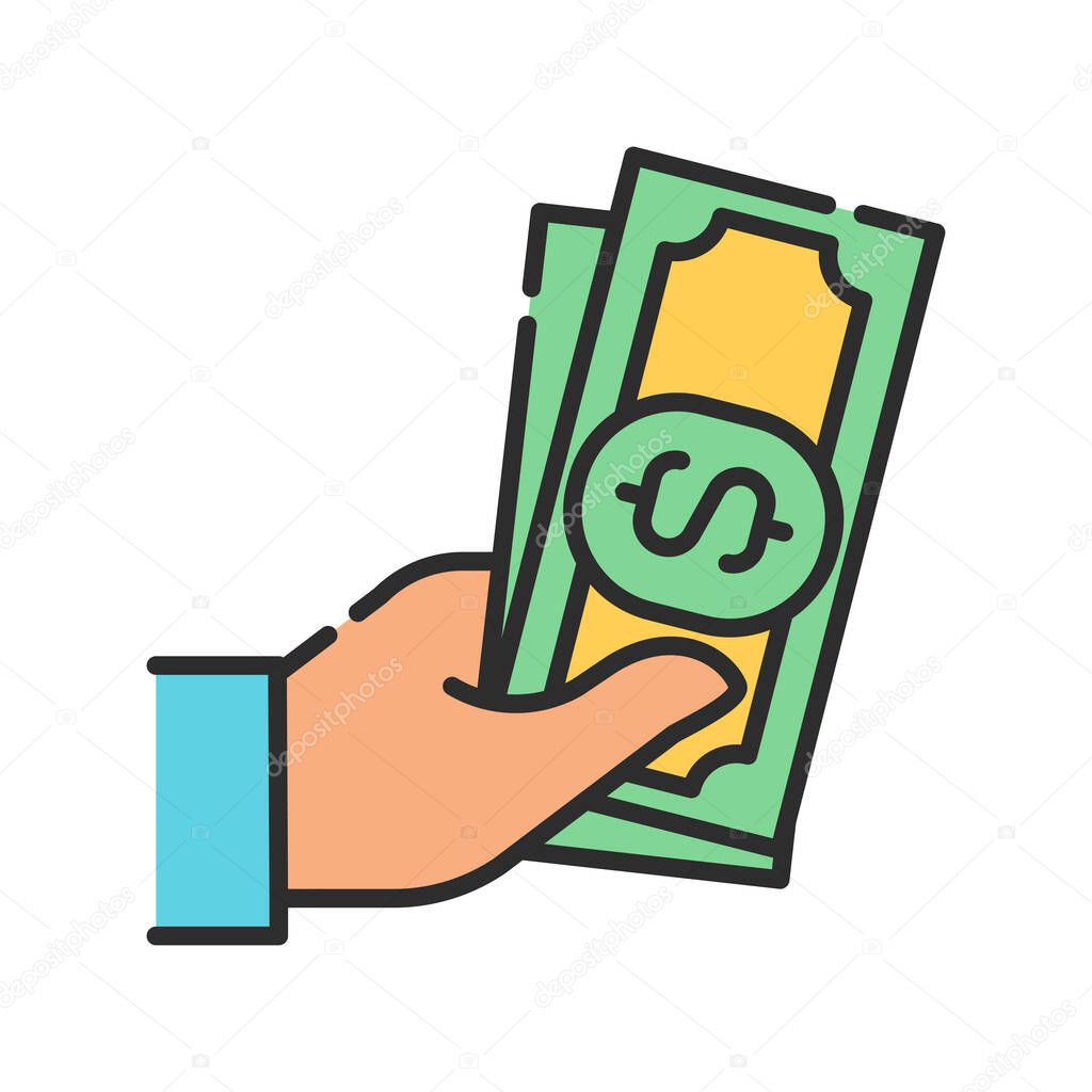 Cash payment color line icon. Hand holds money. Pictogram for web page, mobile app, promo. UI UX GUI design element. Editable stroke.