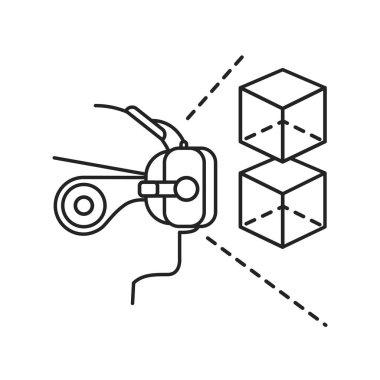 Sanal gerçeklik oyunu siyah çizgi ikonu. Kasklı adam oyun oynuyor. Siber uzay, simülasyon, etkileşimli. Web sayfası için piktogram, mobil uygulama. UI UX GUI tasarım elemanı. Düzenlenebilir vuruş.