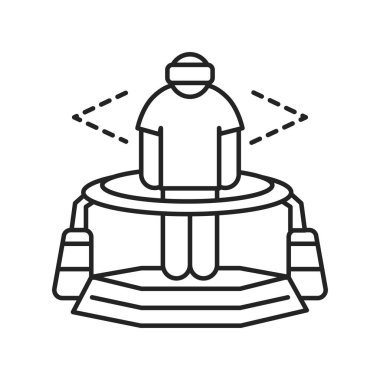 Sanal gerçeklik platformu siyah çizgi simgesi. Kask takan adam platformda oyun oynuyor. Siber uzay, simülasyon, etkileşimli. Web sayfası için piktogram, mobil uygulama. UI UX GUI tasarım elemanı. Düzenlenebilir vuruş.