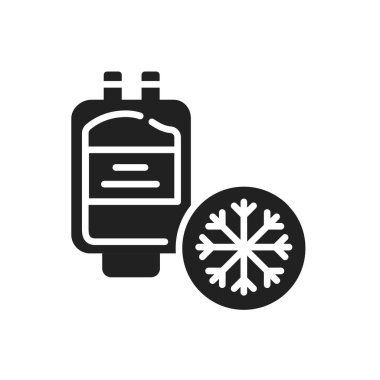 Kan bankası dondurucusu siyah kabartma simgesi. Kan nakli konsepti için kan deposu. İnternet için piktogram, mobil uygulama, tanıtım. UI UX tasarım ögesi