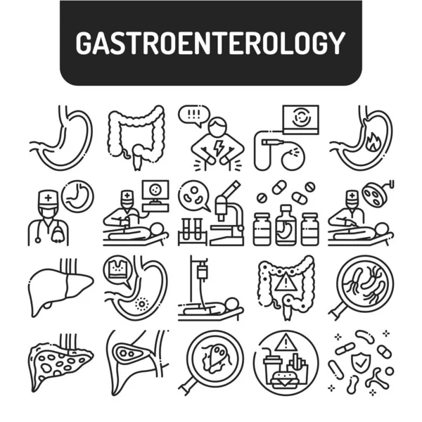Gastroenterology black line icons set. Abdominal medical examination. Pictograms for web, mobile app, promo. UI UX design elements. Editable stroke. — Stock Vector