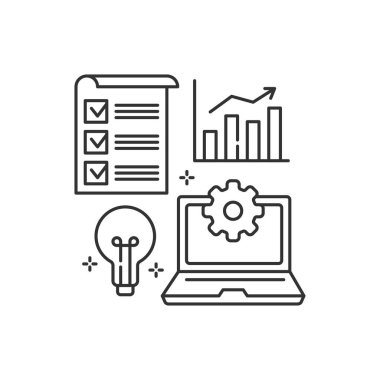 İş projesi siyah çizgi simgesi. Geliştirme süreci. Yenilik ürünü, yaratıcı fikir. Web sayfasını imzala, uygulama. UI UX GUI tasarım elemanı. Düzenlenebilir vuruş