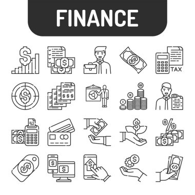 Finans siyah çizgi simgeleri ayarlandı. Sistem para yönetimi. Web sayfası için piktogramlar, mobil uygulama, tanıtım. UI UX GUI tasarım elemanı. Düzenlenebilir vuruş.