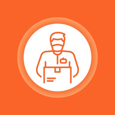 Kutu rengi düğmeli kurye. Eve teslim ikonu. Karantina, evde kal. Önleme salgını. Web sayfası için piktogram, mobil uygulama, tanıtım. Düzenlenebilir vuruş.