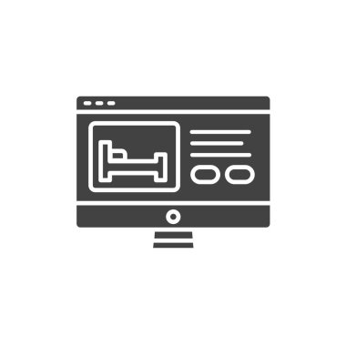 Otel online siyah hat ikonu rezervasyonu. Seçilmiş apartman sembolü. Seyahat planı. Web sayfası için piktogram, mobil uygulama, tanıtım. UI UX Arayüz tasarım ögesi