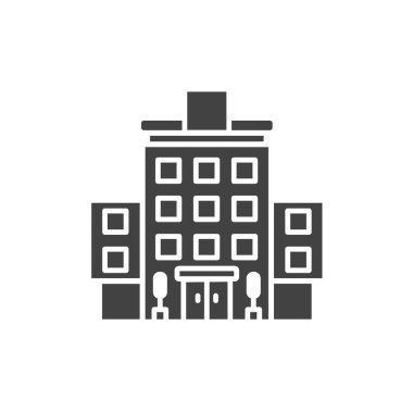 Otel siyah kabartma simgesi. Bina: Daire, motel, pansiyon tabelası. Gayrimenkul. Web sayfası için piktogram, mobil uygulama, tanıtım. UI UX Arayüz tasarım ögesi