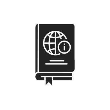 Ansiklopedi siyah sembol. Bilgi özetleri ya her daldan ya da belirli bir alandan ya da disiplinden. Web sayfası için piktogram, mobil uygulama, tanıtım. UI UX Arayüz tasarım ögesi