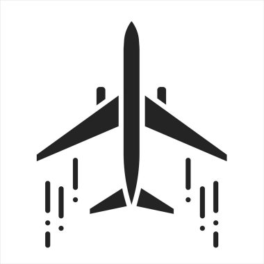 Uçak siyah kabartma simgesi. Elektrikli, sabit kanatlı uçak. Bir jet motorunun itiş gücüyle ileri itilmiş. Web sayfası için piktogram, mobil uygulama, tanıtım. UI UX Arayüz tasarım ögesi
