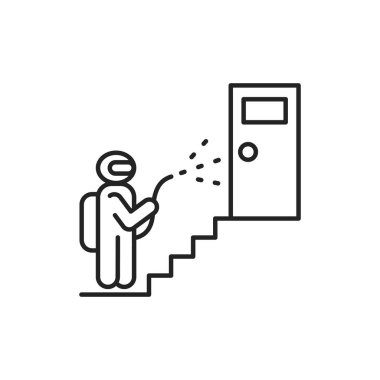 Binanın verandasındaki dezenfekte siyah çizgi ikonu. Dezenfektan spreyli koruyucu giysili bir işçi. Temizlik servisi. İnternet için piktogram, mobil uygulama, tanıtım. UI UX tasarım ögesi.