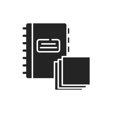 Not defteri ve not defteri siyah simge simgesi. Okul malzemeleri. Web sayfası, mobil uygulama, afiş, sosyal medya için imza.