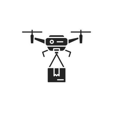 Drone teslimatı siyah kabartma simgesi. Quadcopter bir paket taşıyor. Uçak aygıtı konsepti. Web sayfası, mobil uygulama, afiş, sosyal medya için imza.