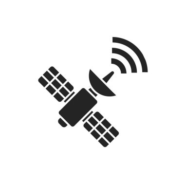 Uydu siyah kabartma simgesi. Kablosuz iletişim ekipmanları. Anten uzaydan sinyal iletir ve alır. Web sayfası, mobil uygulama, afiş, sosyal medya için imza.