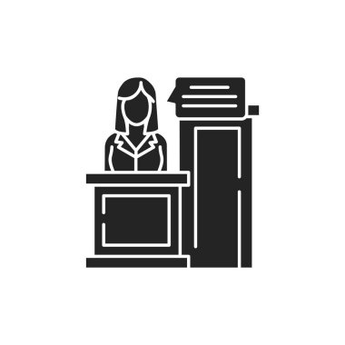 Siyah simgeye tanık olun. Genç bir kadın olayın tam tersini söylüyor. Hukuk adaleti kavramı. Web sayfası, mobil uygulama, düğme, logo için imza. İzole edilmiş vektör düğmesi.