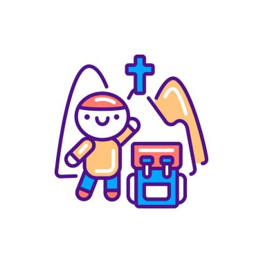 Hacı çizgisi renk simgesi. Sırt çantası, kawaii piktogramı olan sevimli bir karakter. Web sayfası, mobil uygulama, düğme, logo için imza. Vektör izole eleman. Düzenlenebilir vuruş.