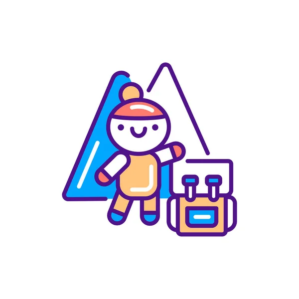 Mountain Tourism Line Color Icon Cute Girl Mountain Hike Kawaii — Stock Vector