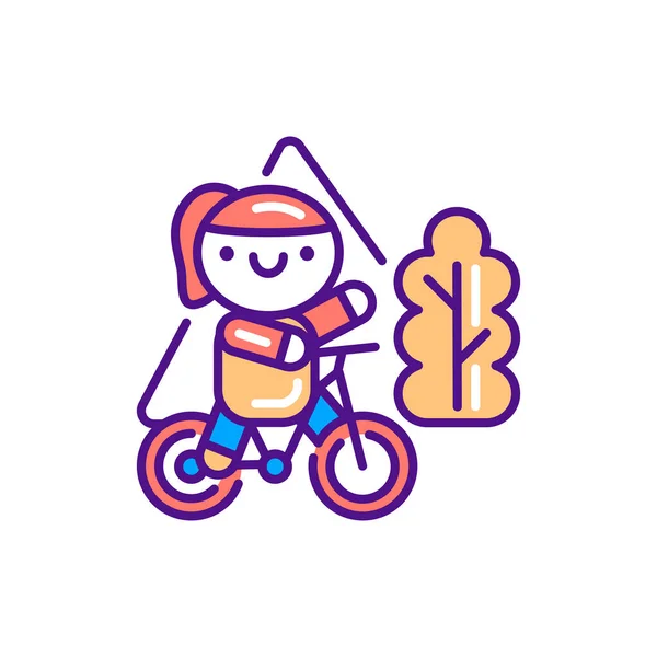 Cute Girl Bicycle Line Color Icon Outdoor Activities Kawaii Pictogram — Stock Vector
